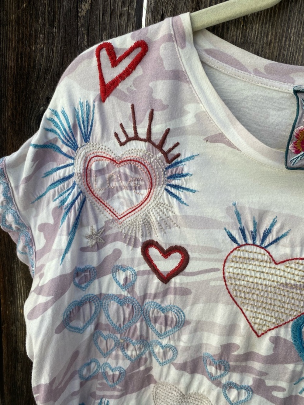 Johnny Was BasicTee with Camouflage print + Hearts in Multicolor Embroidery - Picture 3 of 6